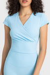 PACK264698-P4-1, Light Blue V Neck Wrapped Short Sleeve Active Top