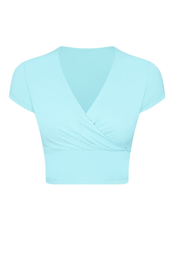 PACK264698-P4-1, Light Blue V Neck Wrapped Short Sleeve Active Top