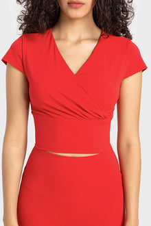  PACK264698-P103-1, Tomato Red V Neck Wrapped Short Sleeve Active Top