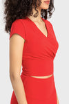 PACK264698-P103-1, Tomato Red V Neck Wrapped Short Sleeve Active Top