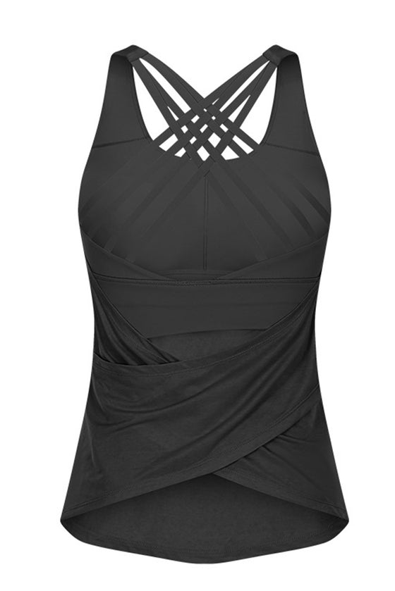 PACK264702-P2-1, Black 2pcs Sleeveless Cross Strappy Wrapped Hem Top with Bra
