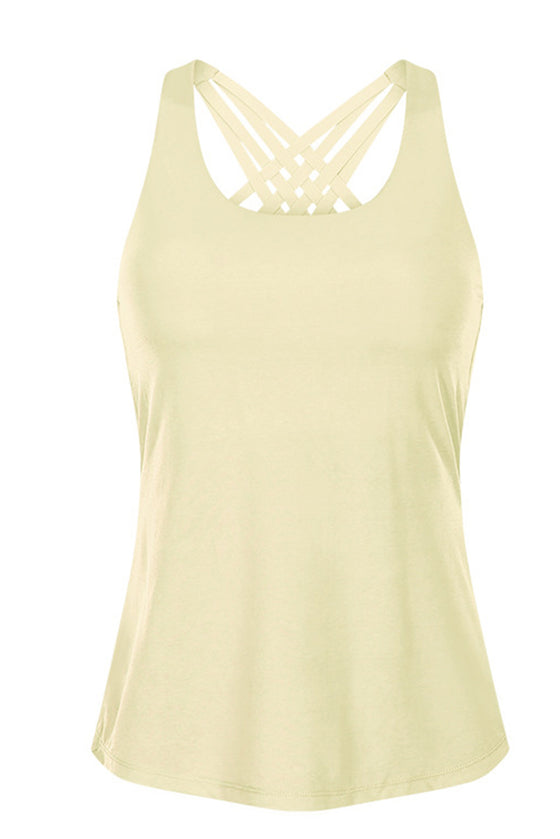 PACK264702-P107-1, Yellow Cream 2pcs Sleeveless Cross Strappy Wrapped Hem Top with Bra