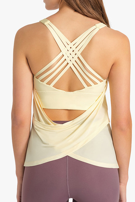 PACK264702-P107-1, Yellow Cream 2pcs Sleeveless Cross Strappy Wrapped Hem Top with Bra