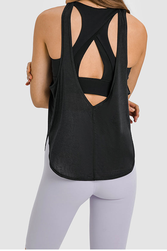 PACK264704-P2-1, Black 2-In-1 Cutout Back Split Curved Hem Active Tank Top