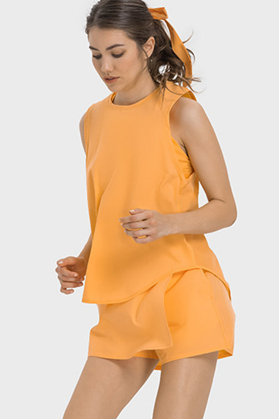 PACK264705-P3014-1, Grapefruit Orange Mesh Patchwork Split Loose Sports Tank Top