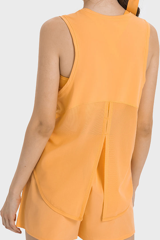 PACK264705-P3014-1, Grapefruit Orange Mesh Patchwork Split Loose Sports Tank Top
