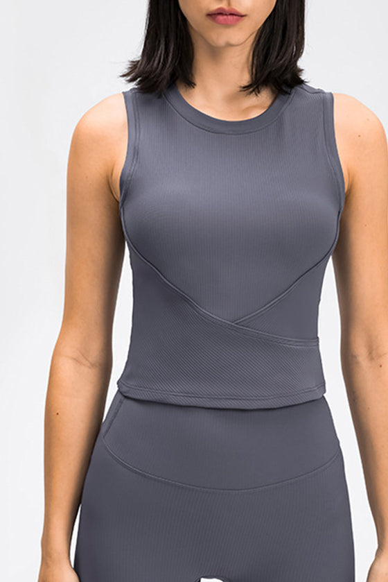 PACK264706-P605-1, Navy Blue Sleeveless Textured Wrapped Crop Workout Top