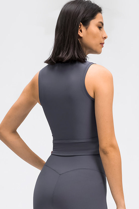 PACK264706-P605-1, Navy Blue Sleeveless Textured Wrapped Crop Workout Top