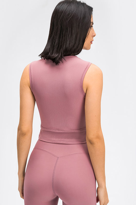 PACK264706-P8010-1, Rose Tan Sleeveless Textured Wrapped Crop Workout Top