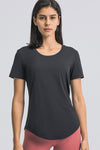 PACK264707-P2-1, Black Solid Short Sleeve Cueved Hem Athleisure Top