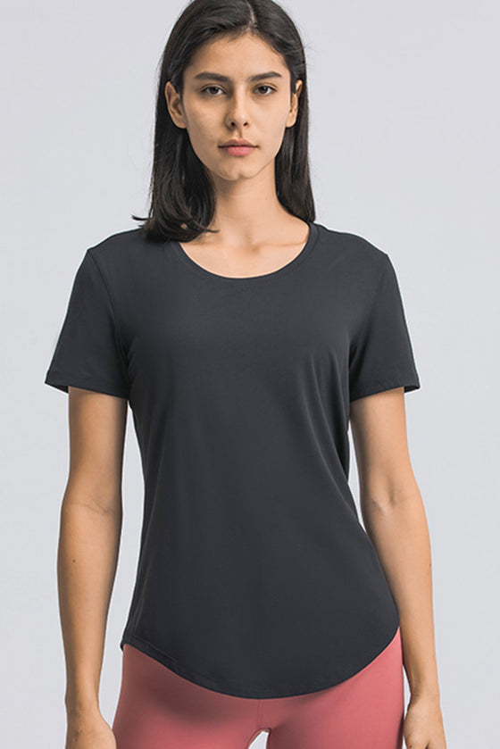 PACK264707-P2-1, Black Solid Short Sleeve Cueved Hem Athleisure Top