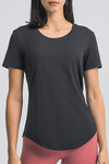 PACK264707-P2-1, Black Solid Short Sleeve Cueved Hem Athleisure Top