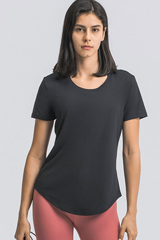 PACK264707-P2-1, Black Solid Short Sleeve Cueved Hem Athleisure Top