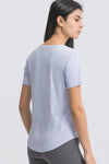 PACK264707-P304-1, Sky Blue Solid Short Sleeve Cueved Hem Athleisure Top