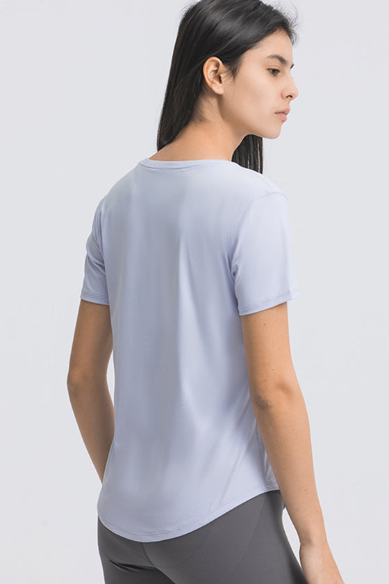 PACK264707-P304-1, Sky Blue Solid Short Sleeve Cueved Hem Athleisure Top
