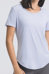PACK264707-P304-1, Sky Blue Solid Short Sleeve Cueved Hem Athleisure Top