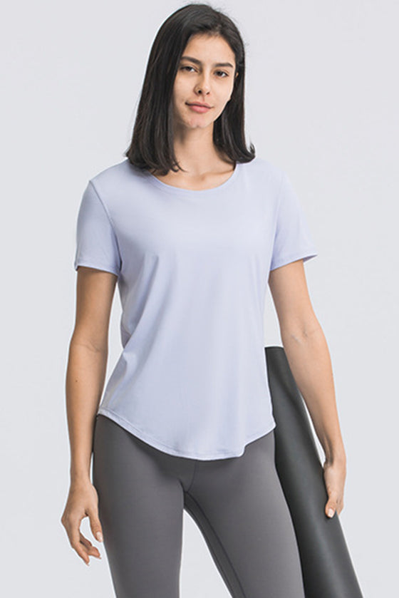 PACK264707-P304-1, Sky Blue Solid Short Sleeve Cueved Hem Athleisure Top