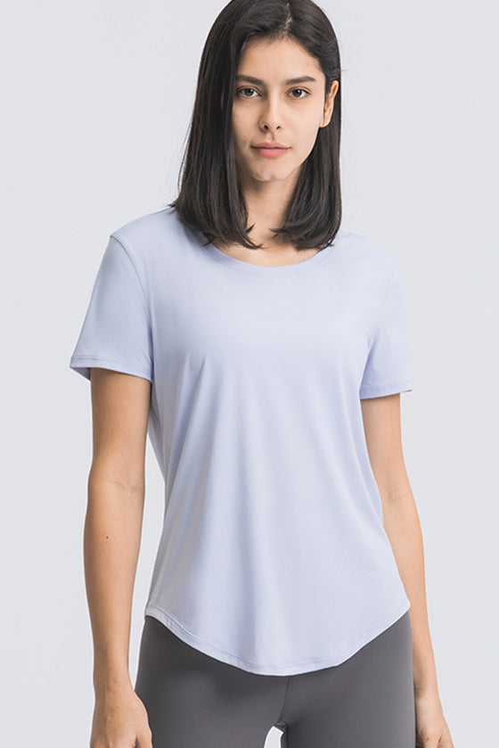 PACK264707-P304-1, Sky Blue Solid Short Sleeve Cueved Hem Athleisure Top