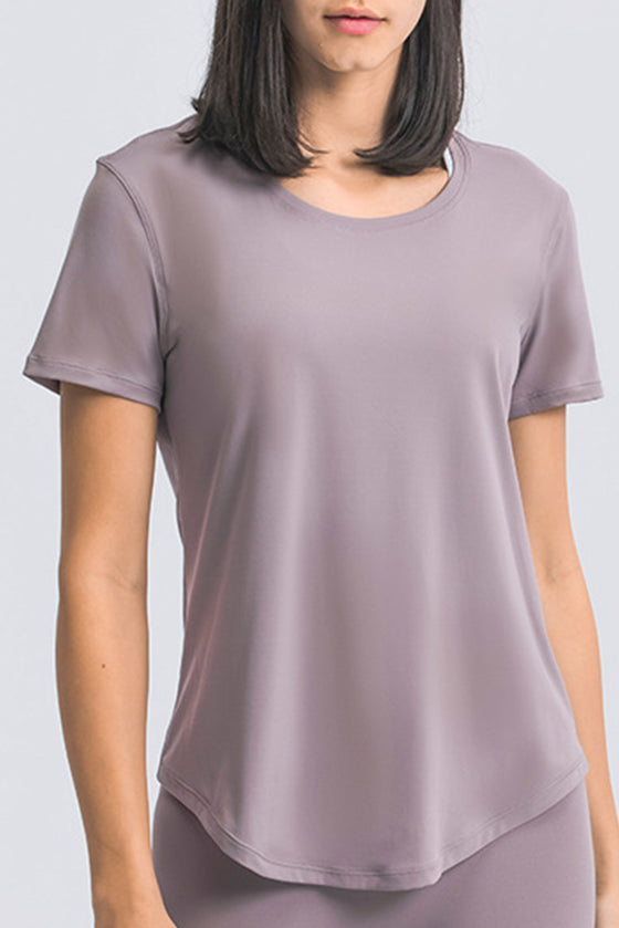 PACK264707-P308-1, Valerian Solid Short Sleeve Cueved Hem Athleisure Top