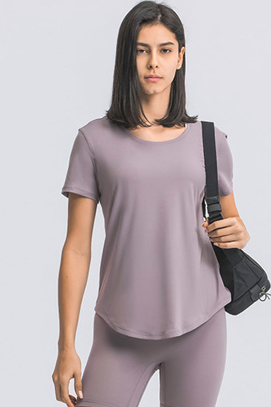 PACK264707-P308-1, Valerian Solid Short Sleeve Cueved Hem Athleisure Top