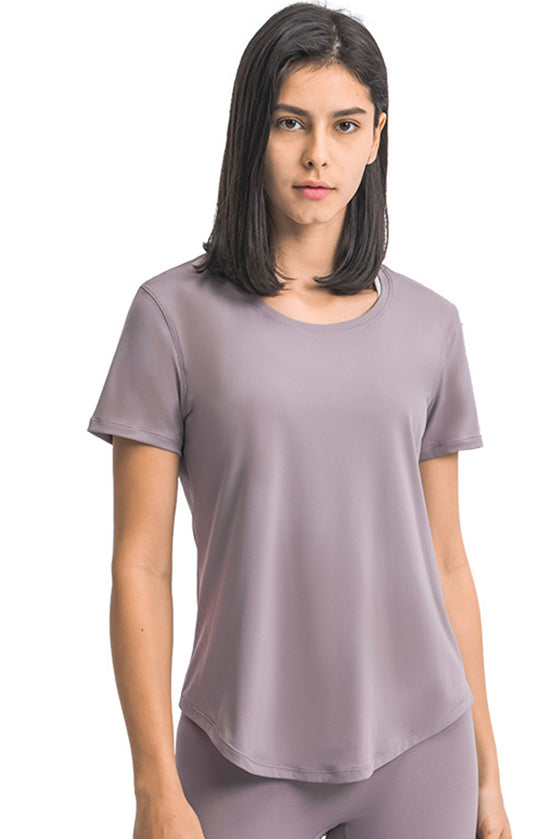 PACK264707-P308-1, Valerian Solid Short Sleeve Cueved Hem Athleisure Top