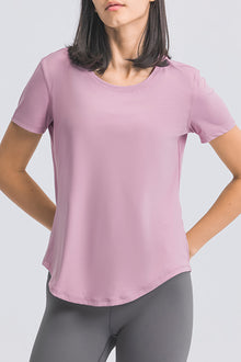  PACK264707-P708-1, Orchid Petal Solid Short Sleeve Cueved Hem Athleisure Top