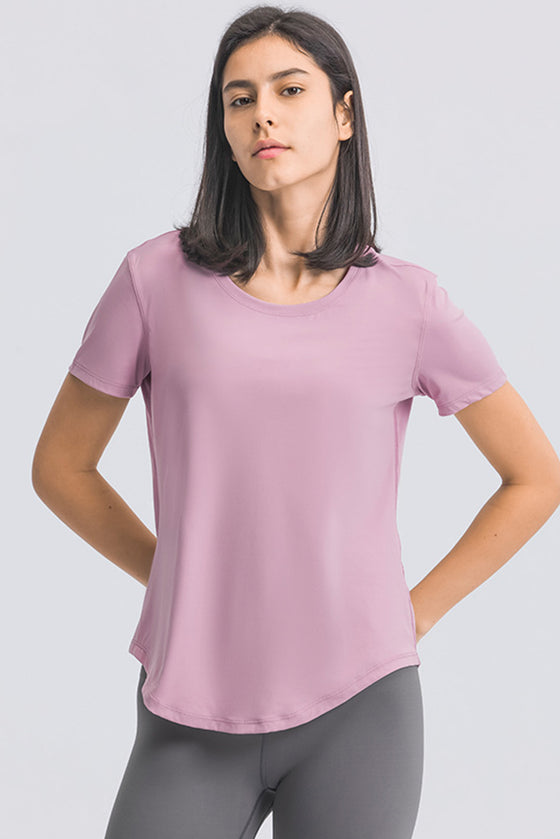 PACK264707-P708-1, Orchid Petal Solid Short Sleeve Cueved Hem Athleisure Top