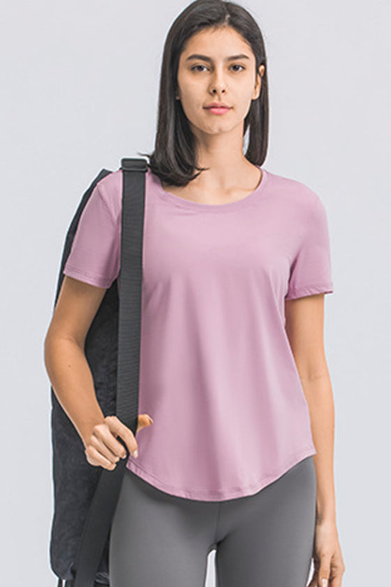 PACK264707-P708-1, Orchid Petal Solid Short Sleeve Cueved Hem Athleisure Top