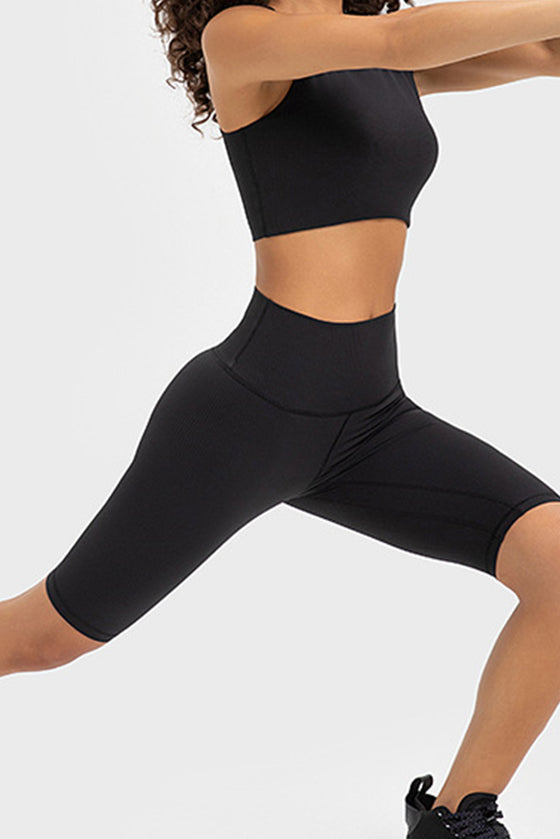 PACK265484-P2-1, Black Solid Color Ribbed High Waist Sports Active Shorts