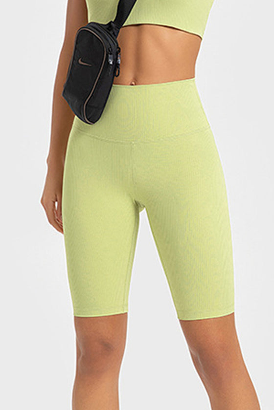 PACK265484-P709-1, Spinach Green Solid Color Ribbed High Waist Sports Active Shorts