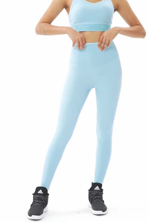 PACK265485-P4-1, Light Blue Solid Color High Waist Tummy Control Active Leggings