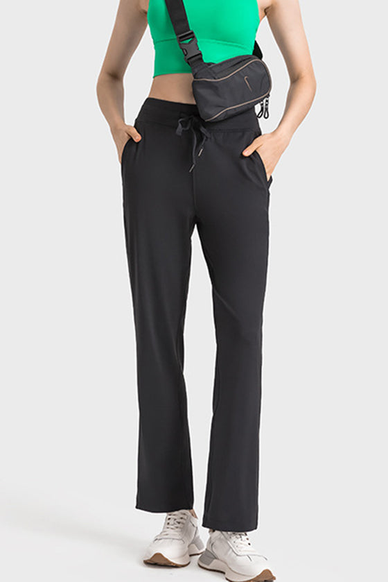 PACK265486-P2-1, Black Lace-up Waist Straight Leg Workout Pants