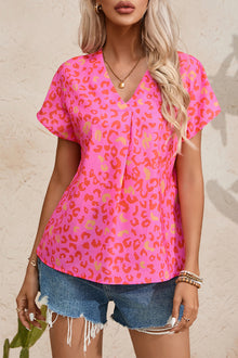  PACK25126630-P1020-1, Pink Leopard V Neck Short Sleeve Blouse