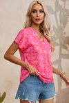 PACK25126630-P1020-1, Pink Leopard V Neck Short Sleeve Blouse