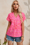 PACK25126630-P1020-1, Pink Leopard V Neck Short Sleeve Blouse