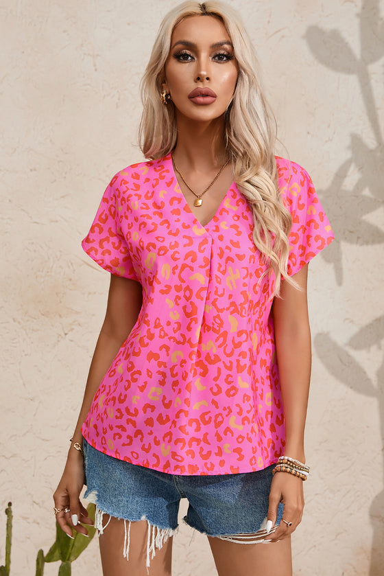 PACK25126630-P1020-1, Pink Leopard V Neck Short Sleeve Blouse