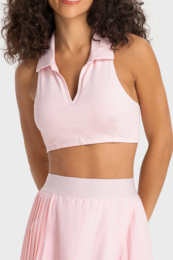 PACK264651-P1010-1, Light Pink Solid Color Turn Down Collar V Neck Sports Bra