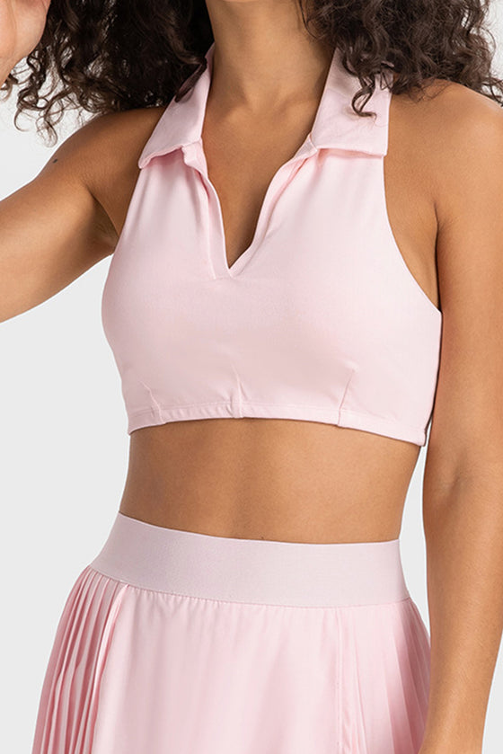 PACK264651-P1010-1, Light Pink Solid Color Turn Down Collar V Neck Sports Bra