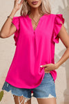 PACK25126116-P6-1, Rose Red Notched Neck Ruffle Sleeve Blouse
