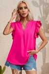 PACK25126116-P6-1, Rose Red Notched Neck Ruffle Sleeve Blouse
