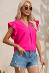 PACK25126116-P6-1, Rose Red Notched Neck Ruffle Sleeve Blouse
