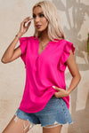 PACK25126116-P6-1, Rose Red Notched Neck Ruffle Sleeve Blouse