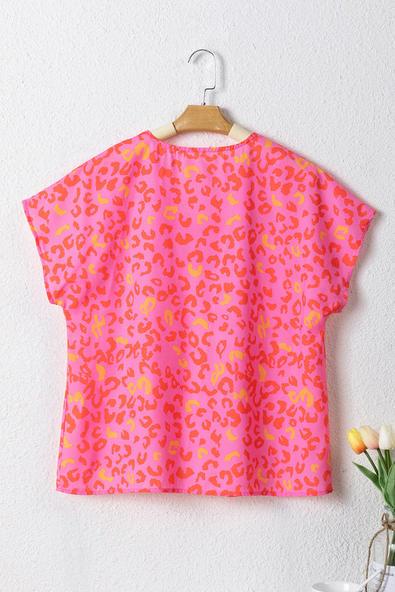 PACK25126630-P1020-1, Pink Leopard V Neck Short Sleeve Blouse