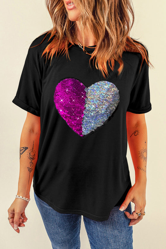 PACK25224250-2-1, Black Valentine Two Tone Sequined Heart Shaped Graphic T Shirt