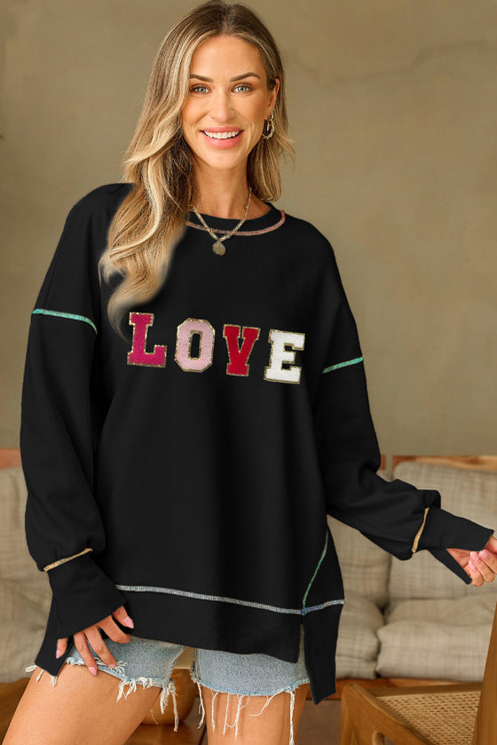 PACK25317246-P2-1, Black LOVE Chenille Graphic Exposed Stitching Oversized Sweatshirt
