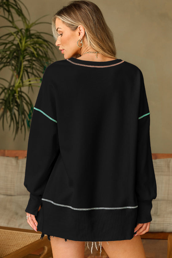 PACK25317246-P2-1, Black LOVE Chenille Graphic Exposed Stitching Oversized Sweatshirt