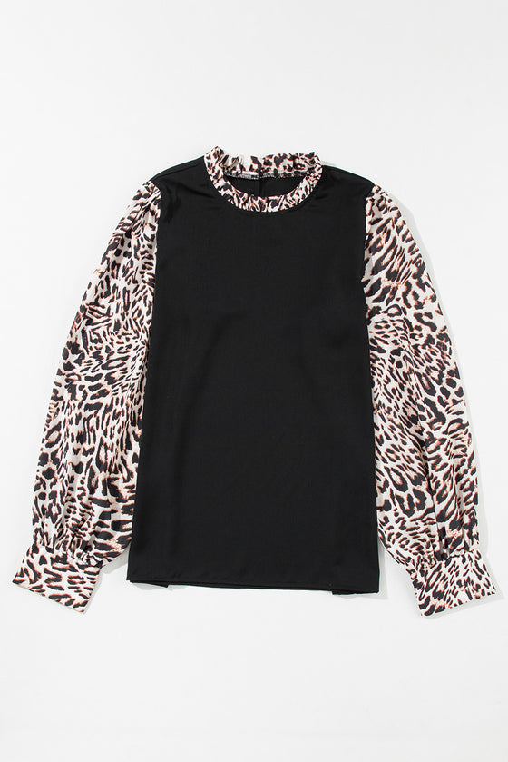 PACK25125885-P2-2, Black Contrast Leopard Print Lantern Sleeve Blouse