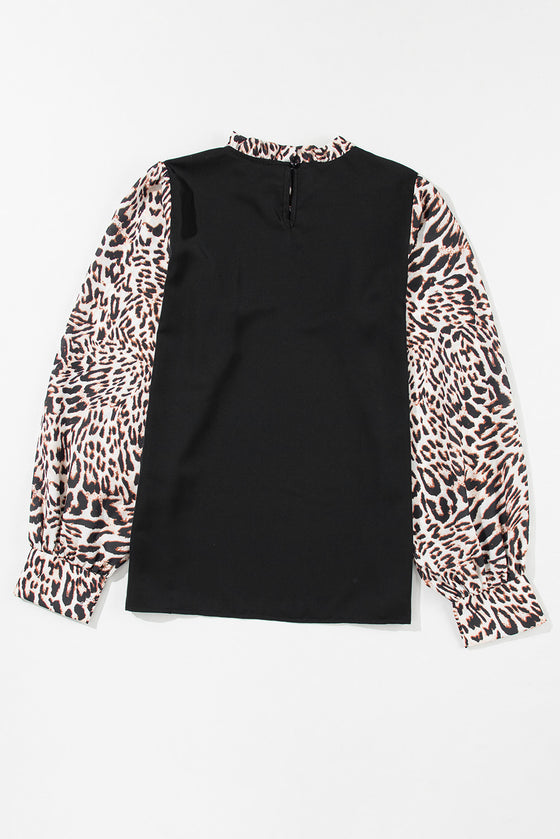 PACK25125885-P2-2, Black Contrast Leopard Print Lantern Sleeve Blouse