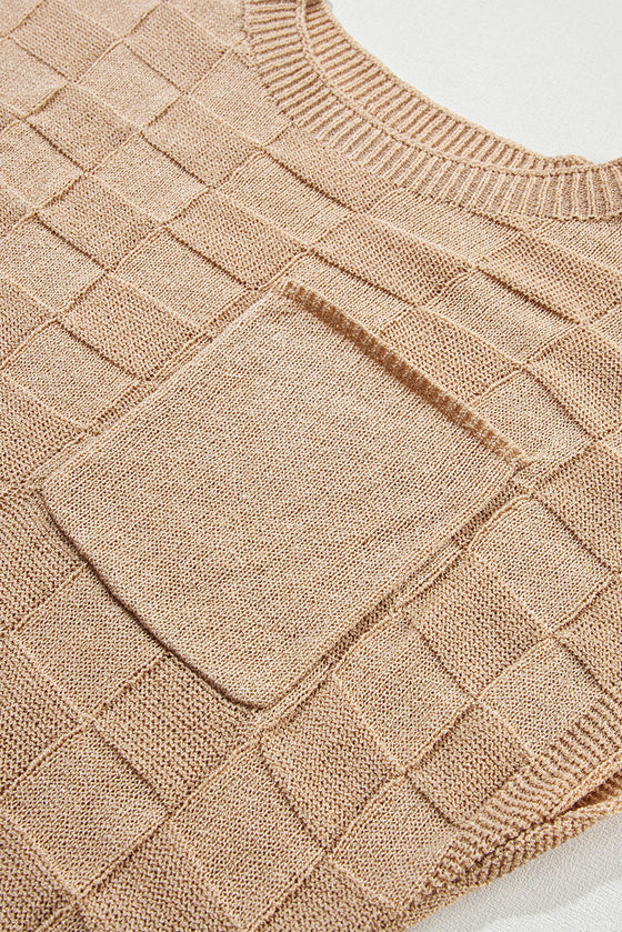 PACK276182-P7016-1, Smoke Gray Lattice Textured Knit Short Sleeve Sweater