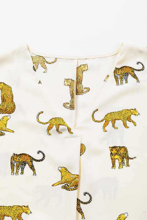 PACK25125349-P1820-1, Apricot Printed Leopard Print Tab Sleeve Loose Fit V Neck Blouse